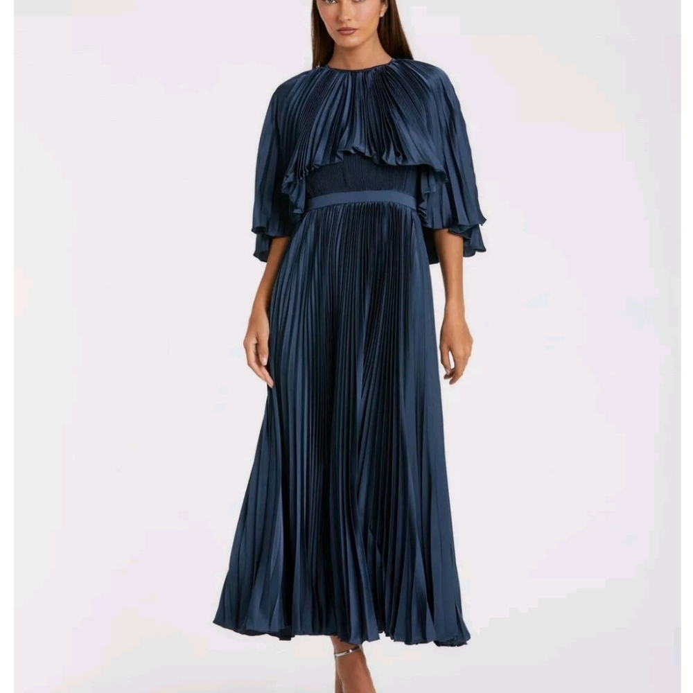 Mac Duggal Blue Pleated Midi Gown with Capelet